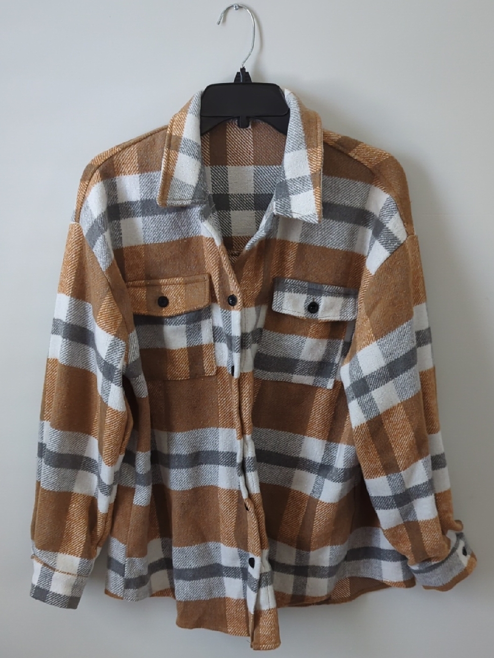 Plaid Button-Front Shacket in Brown, White and Gray